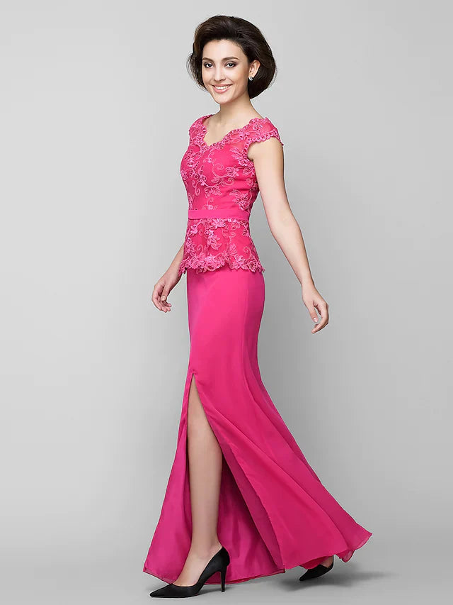 Wholesale Mother of the Bride Dress Furcal V Neck Floor Length Chiffon Lace Sleeveless with Lace Ruched